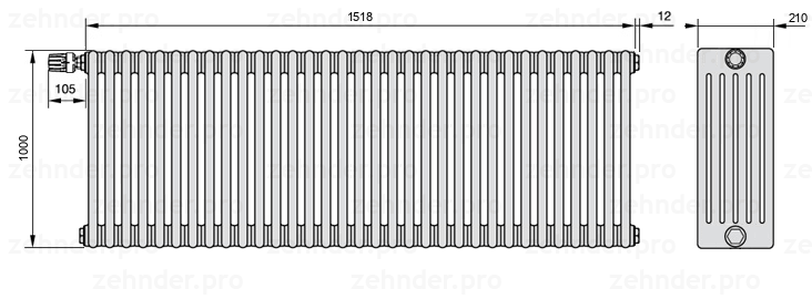 Схема (чертеж) Радиатор Zehnder Charleston 6100/33 №V012 Белый глянцевый RAL 9016